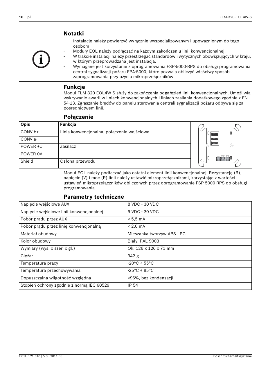 Notatki, Funkcje, Połączenie | Parametry techniczne, Notatki funkcje | Bosch FLM-320-EOL4W-S Conventional EOL Module 4-Wire User Manual | Page 16 / 24