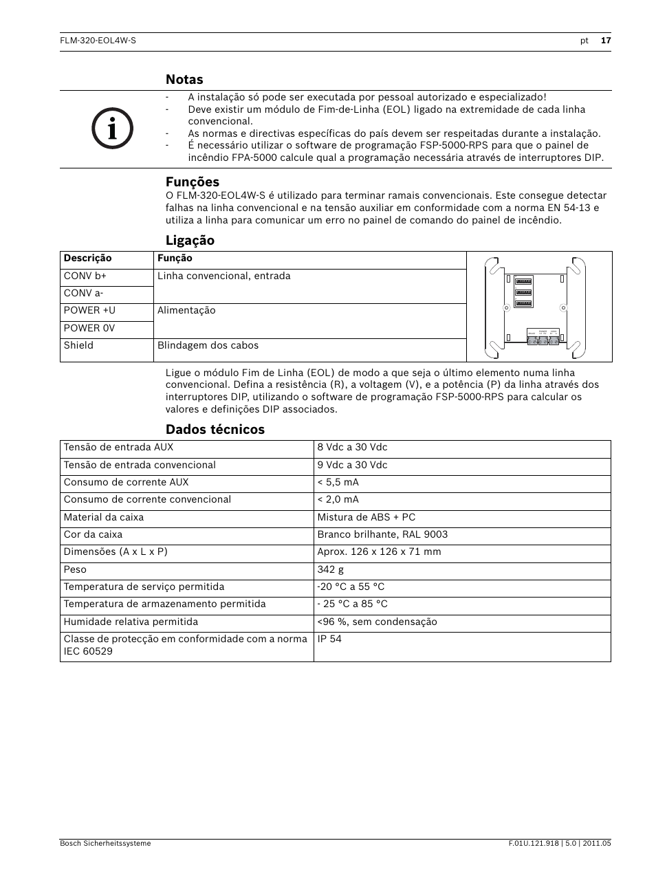 Notas, Funções, Ligação | Dados técnicos, Notas funções | Bosch FLM-320-EOL4W-S Conventional EOL Module 4-Wire User Manual | Page 17 / 24