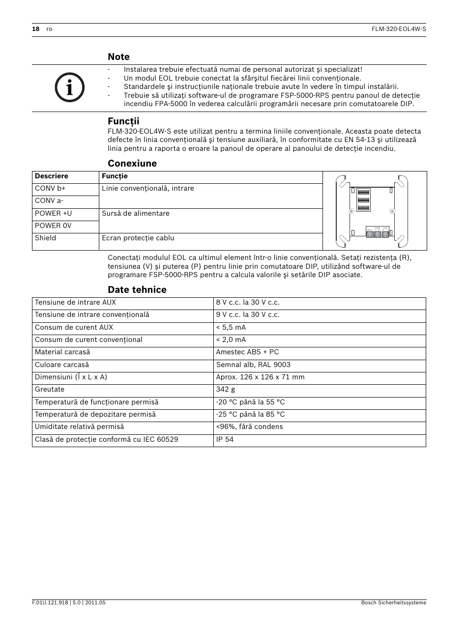 Note, Funcţii, Conexiune | Date tehnice | Bosch FLM-320-EOL4W-S Conventional EOL Module 4-Wire User Manual | Page 18 / 24