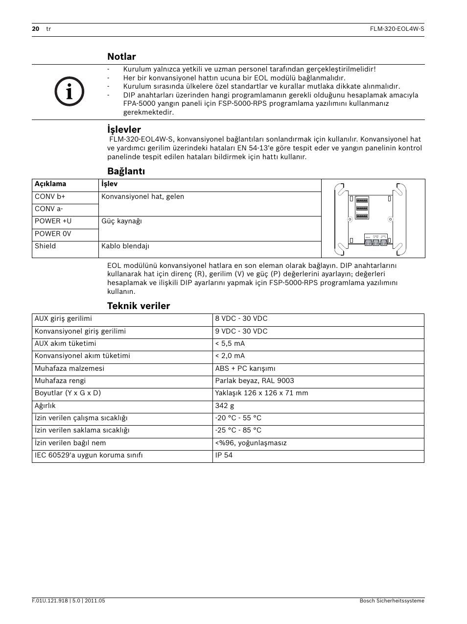 Notlar, Işlevler, Bağlantı | Teknik veriler, Notlar işlevler | Bosch FLM-320-EOL4W-S Conventional EOL Module 4-Wire User Manual | Page 20 / 24