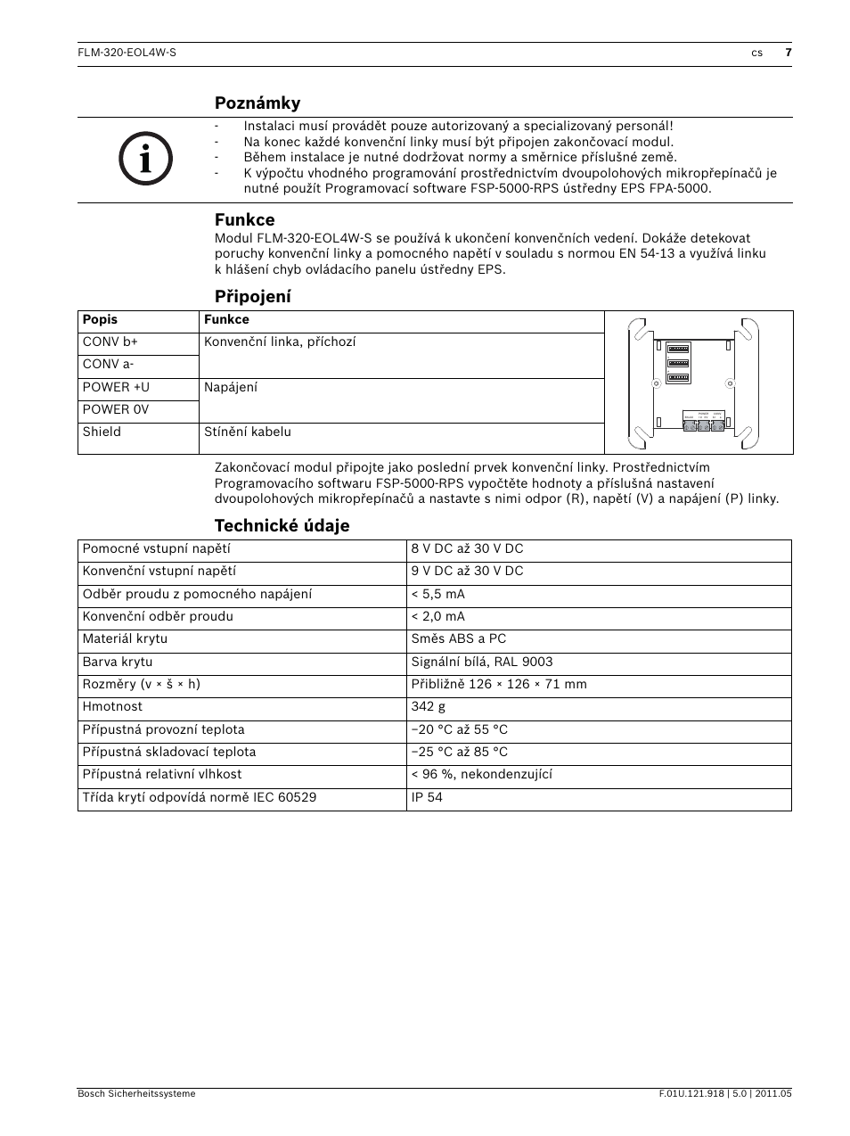 Poznámky, Funkce, Připojení | Technické údaje, Poznámky funkce | Bosch FLM-320-EOL4W-S Conventional EOL Module 4-Wire User Manual | Page 7 / 24