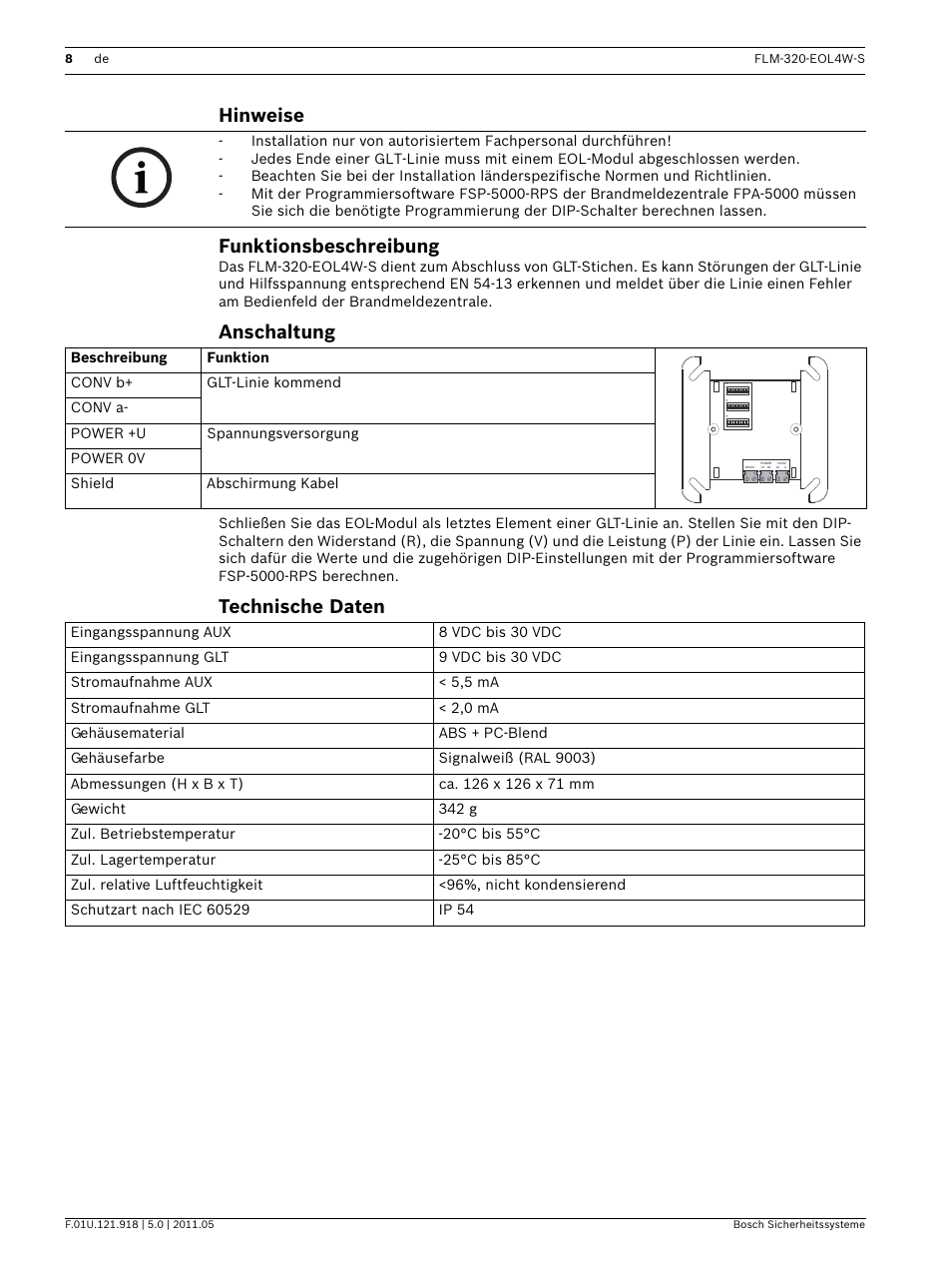 Hinweise, Funktionsbeschreibung, Anschaltung | Technische daten, Onsanleitung, Hinweise funktionsbeschreibung | Bosch FLM-320-EOL4W-S Conventional EOL Module 4-Wire User Manual | Page 8 / 24