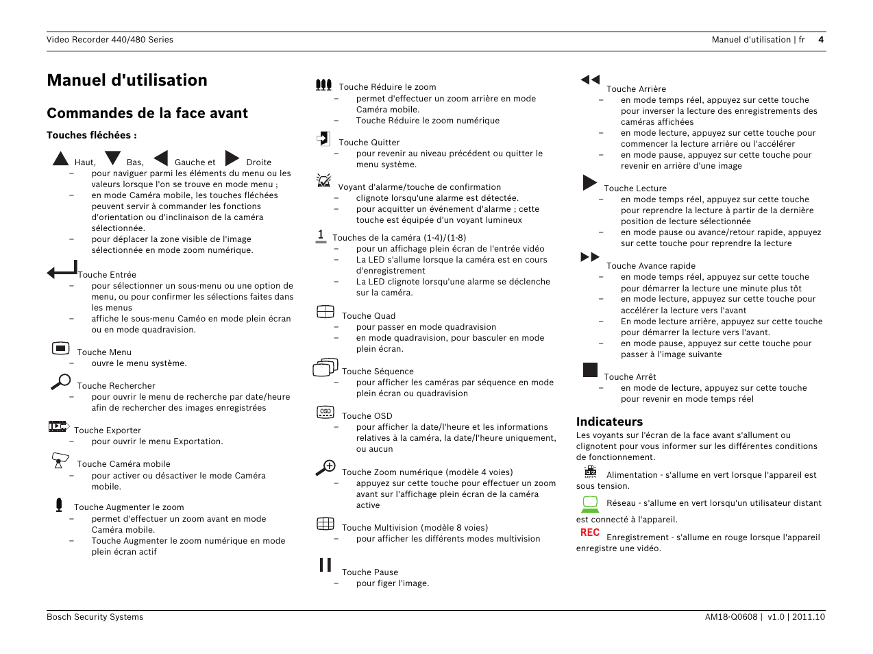 Manuel d'utilisation, Commandes de la face avant, Indicateurs | Bosch Digital Video Recorder 440__480 Series User Manual | Page 10 / 20