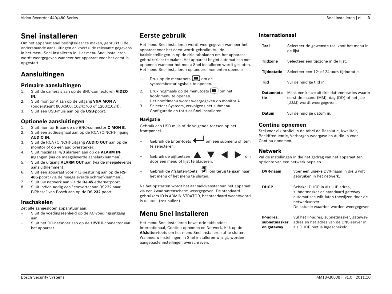 Snel installeren, Aansluitingen, Eerste gebruik | Menu snel installeren | Bosch Digital Video Recorder 440__480 Series User Manual | Page 13 / 20