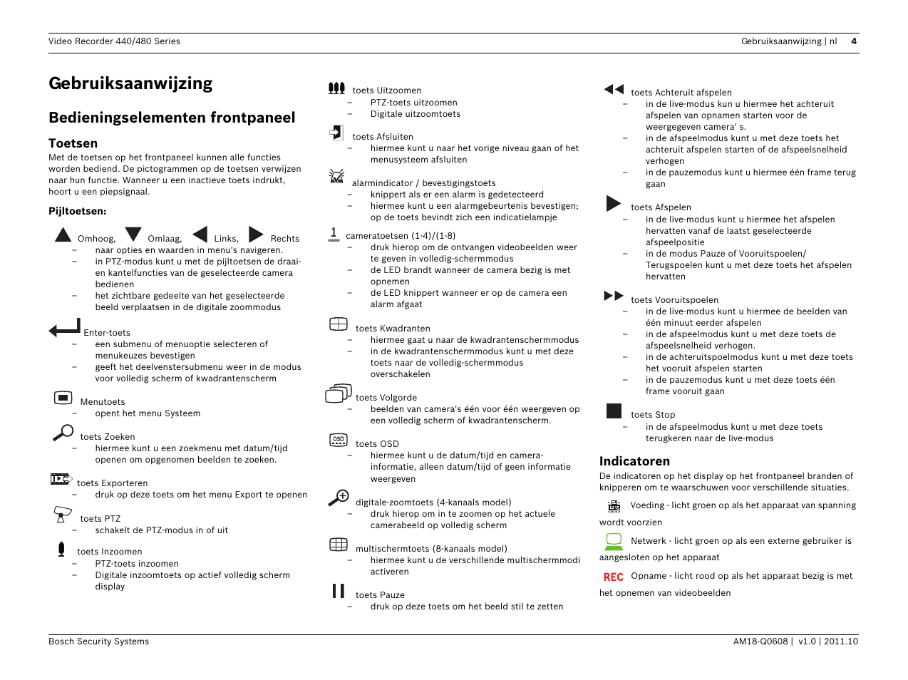 Gebruiksaanwijzing, Bedieningselementen frontpaneel, Toetsen | Indicatoren | Bosch Digital Video Recorder 440__480 Series User Manual | Page 14 / 20