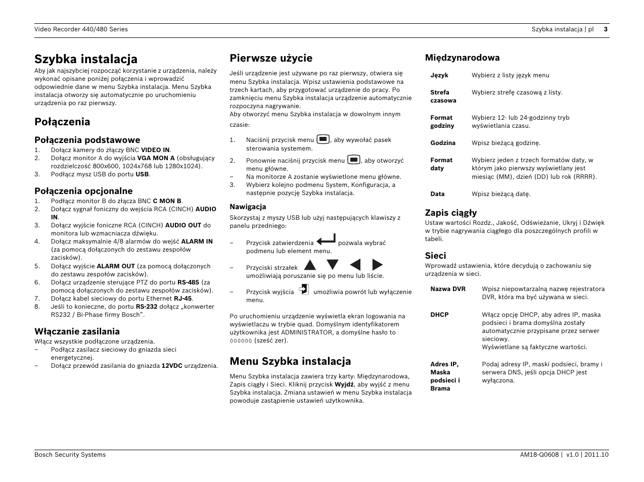 Szybka instalacja, Połączenia, Pierwsze użycie | Menu szybka instalacja | Bosch Digital Video Recorder 440__480 Series User Manual | Page 15 / 20