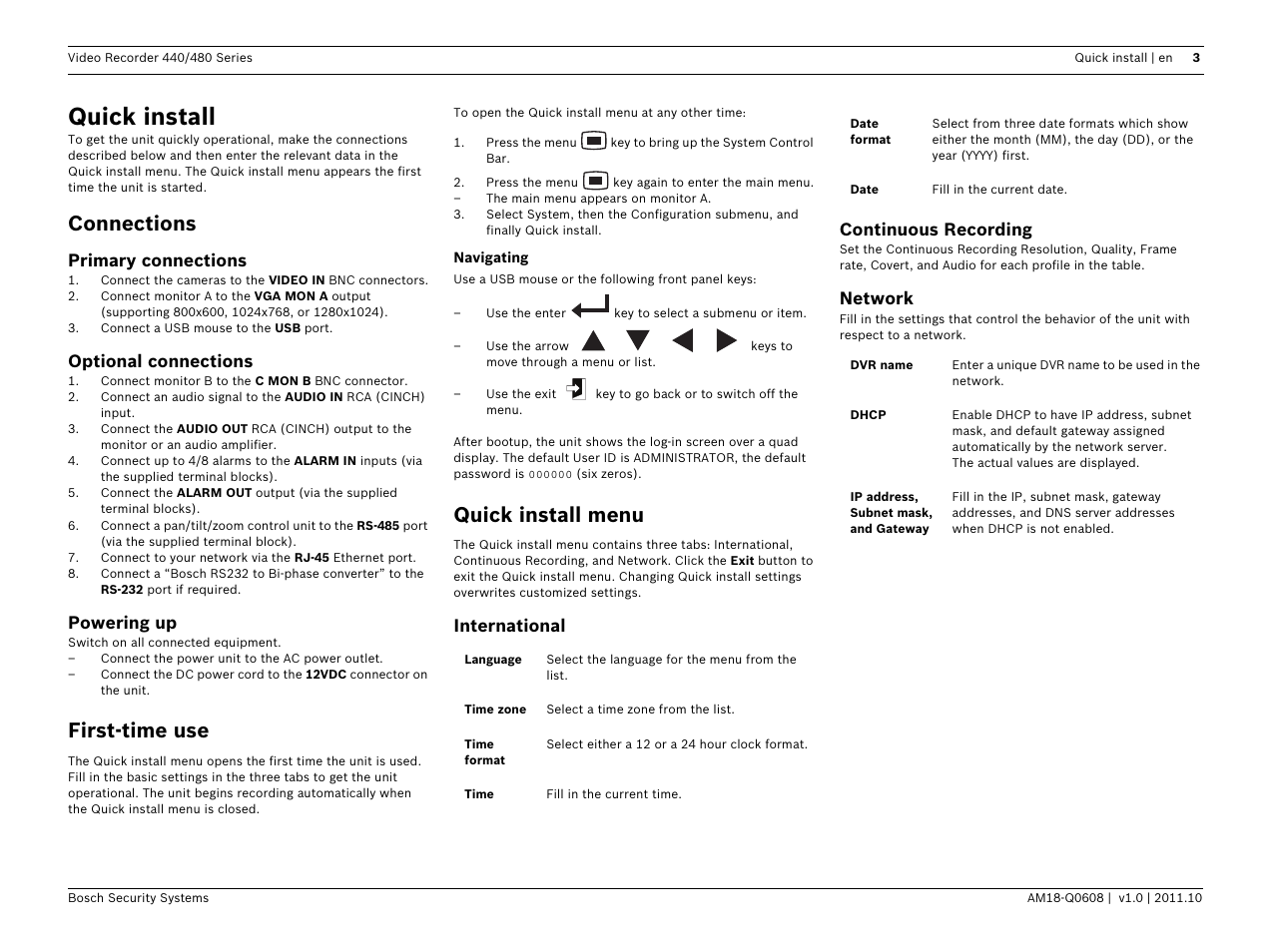 Quick install, Connections, First-time use | Quick install menu | Bosch Digital Video Recorder 440__480 Series User Manual | Page 3 / 20