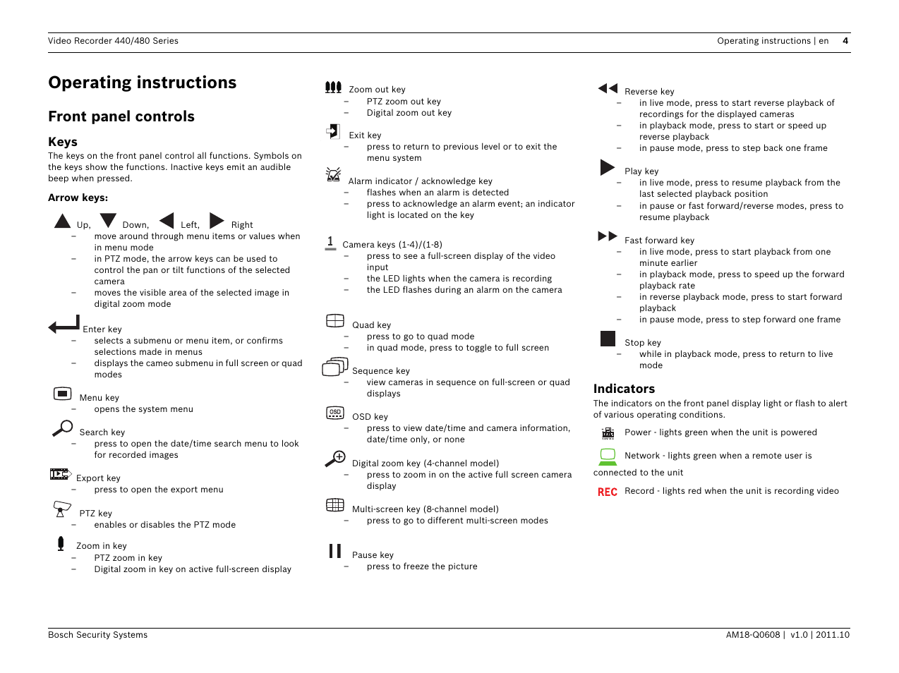 Operating instructions, Front panel controls, Keys | Indicators | Bosch Digital Video Recorder 440__480 Series User Manual | Page 4 / 20