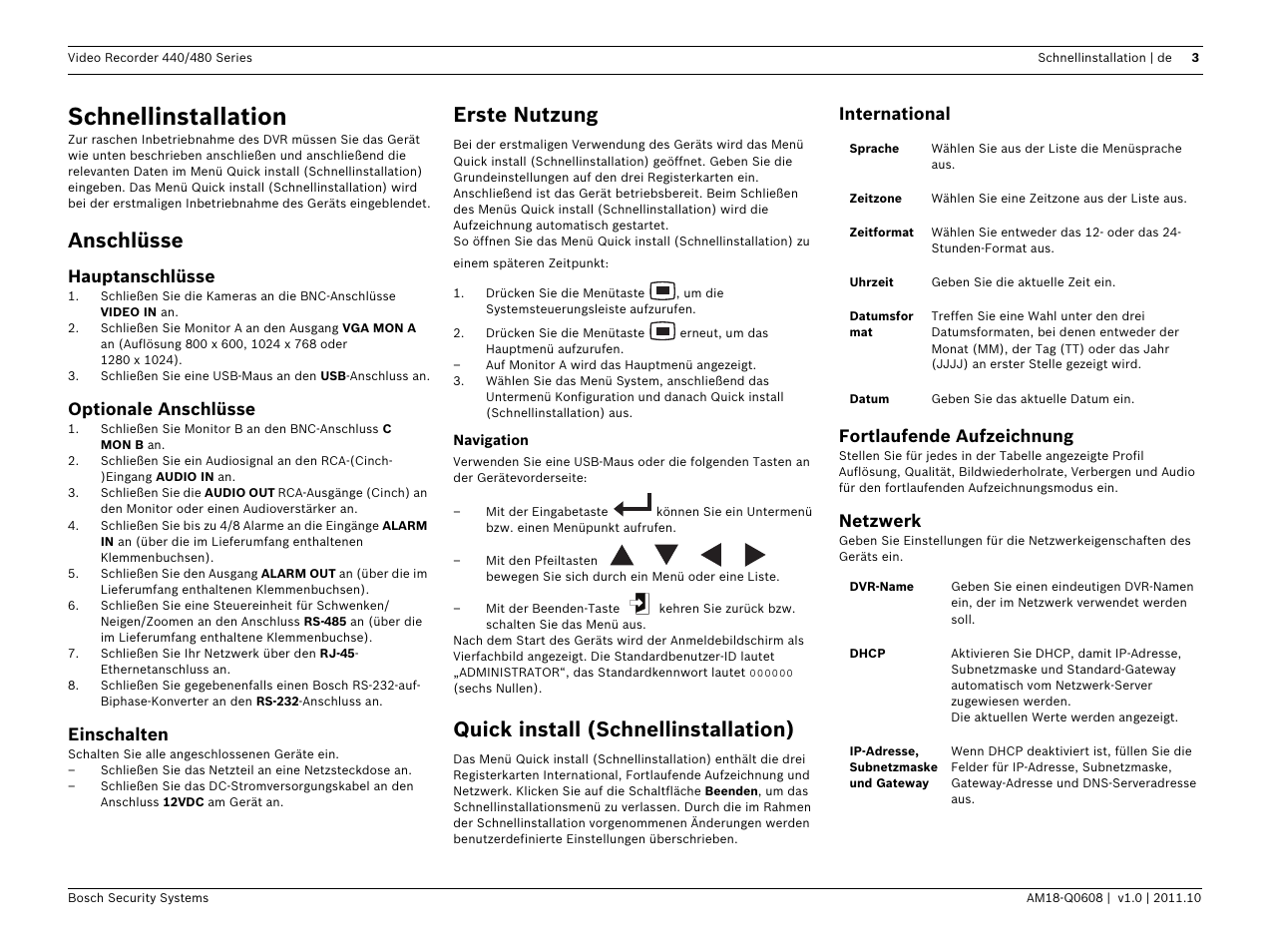 Schnellinstallation, Anschlüsse, Erste nutzung | Quick install (schnellinstallation) | Bosch Digital Video Recorder 440__480 Series User Manual | Page 5 / 20