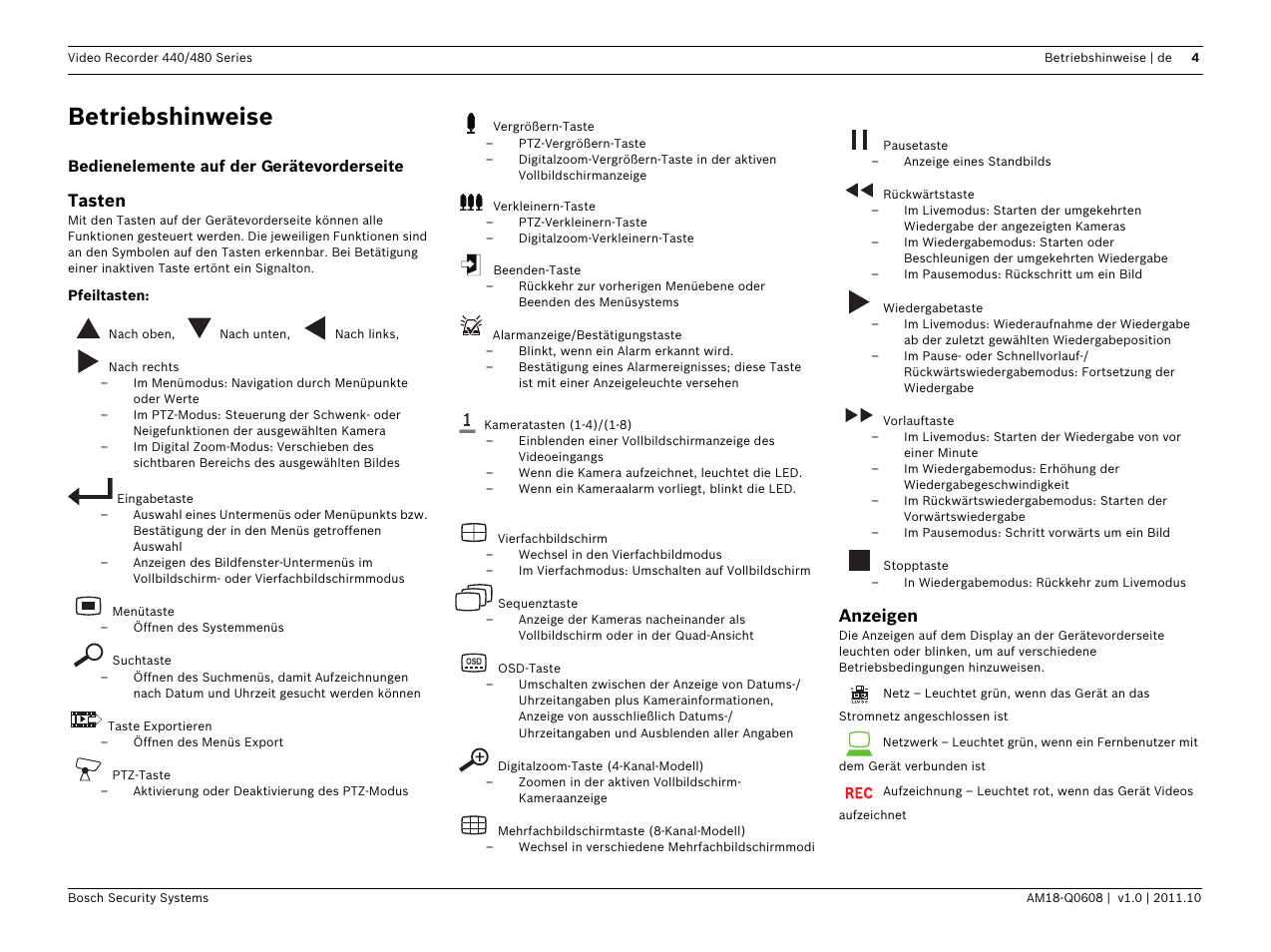 Betriebshinweise, Tasten, Anzeigen | Bosch Digital Video Recorder 440__480 Series User Manual | Page 6 / 20