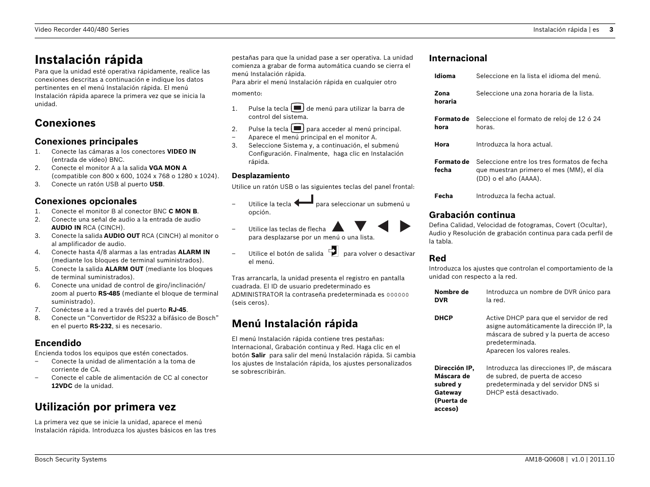 Instalación rápida, Conexiones, Utilización por primera vez | Menú instalación rápida, Conexiones principales, Conexiones opcionales, Encendido, Internacional grabación continua | Bosch Digital Video Recorder 440__480 Series User Manual | Page 7 / 20
