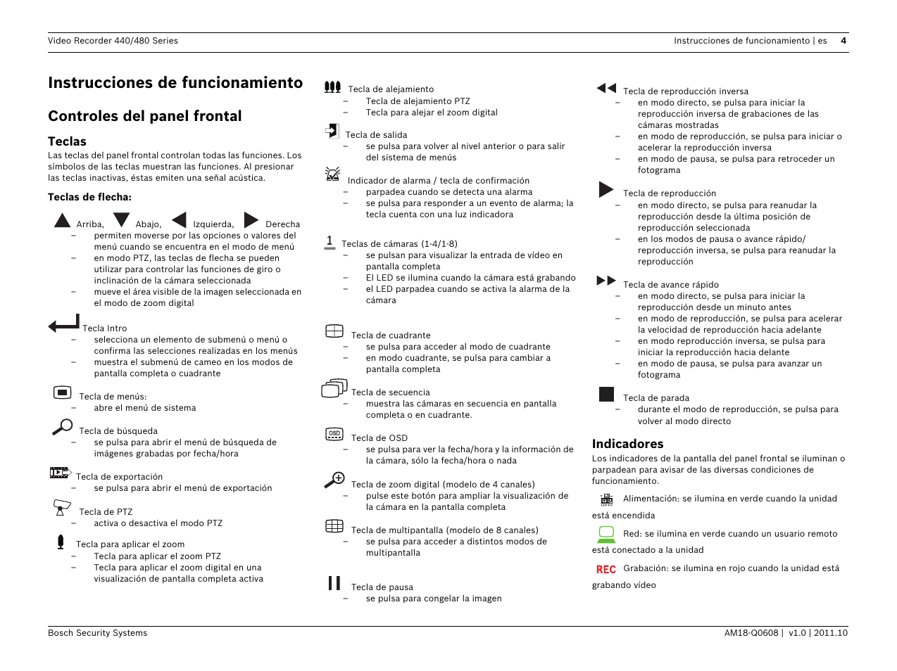 Instrucciones de funcionamiento, Controles del panel frontal, Teclas | Indicadores | Bosch Digital Video Recorder 440__480 Series User Manual | Page 8 / 20