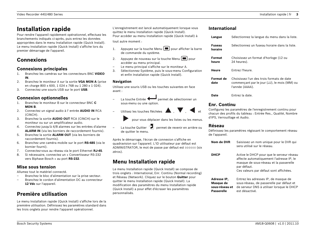 Installation rapide, Connexions, Première utilisation | Menu installation rapide, Connexions principales, Connexion optionnelles, Mise sous tension, International enr. continu, Réseau | Bosch Digital Video Recorder 440__480 Series User Manual | Page 9 / 20