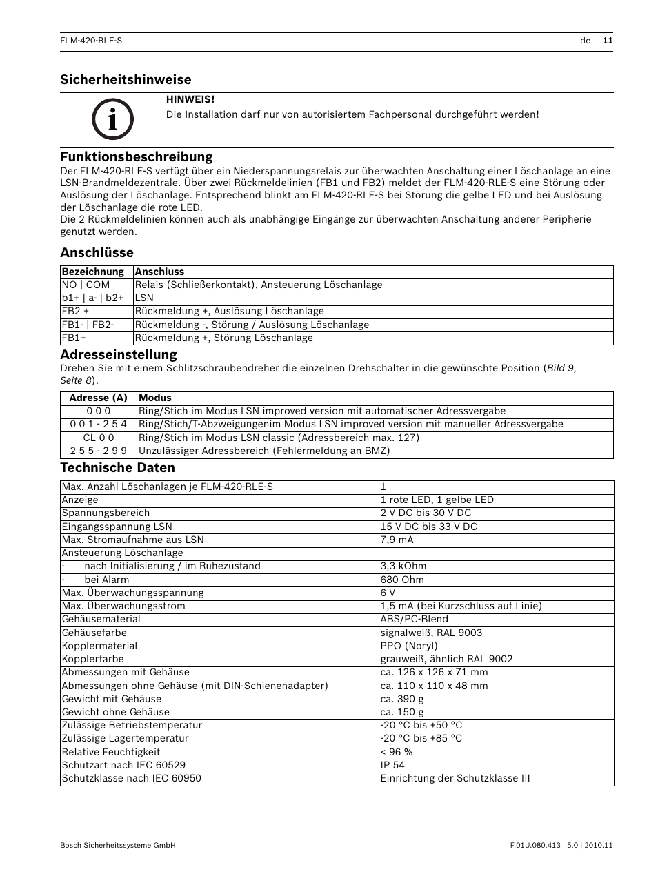 Sicherheitshinweise, Funktionsbeschreibung, Anschlüsse | Adresseinstellung, Technische daten, Onsanleitung, Sicherheitshinweise funktionsbeschreibung, Anschlüsse adresseinstellung | Bosch FLM-420-RLE-S Extinguishing Interface Module User Manual | Page 11 / 28