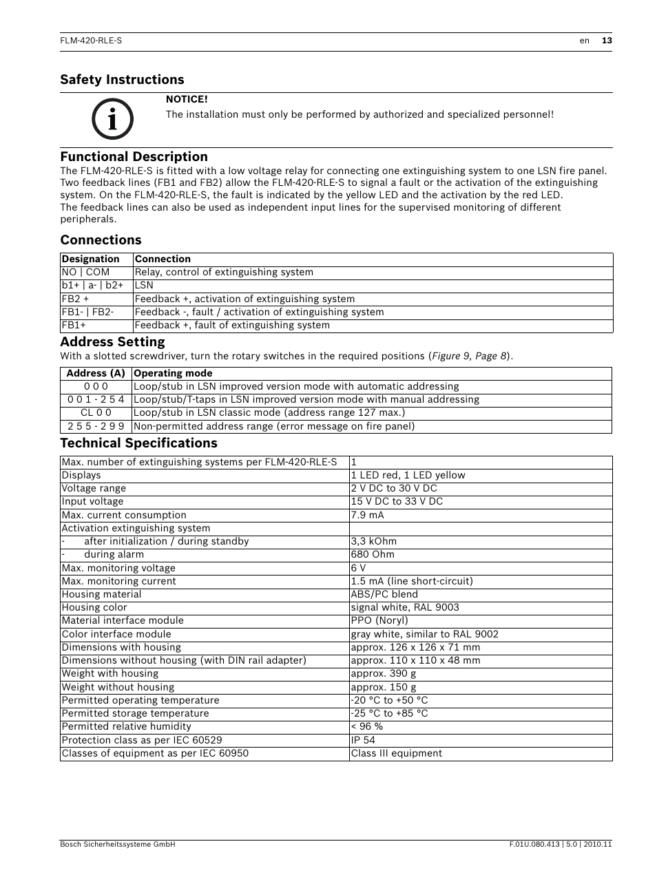Safety instructions, Functional description, Connections | Address setting, Technical specifications, Safety instructions functional description, Connections address setting | Bosch FLM-420-RLE-S Extinguishing Interface Module User Manual | Page 13 / 28