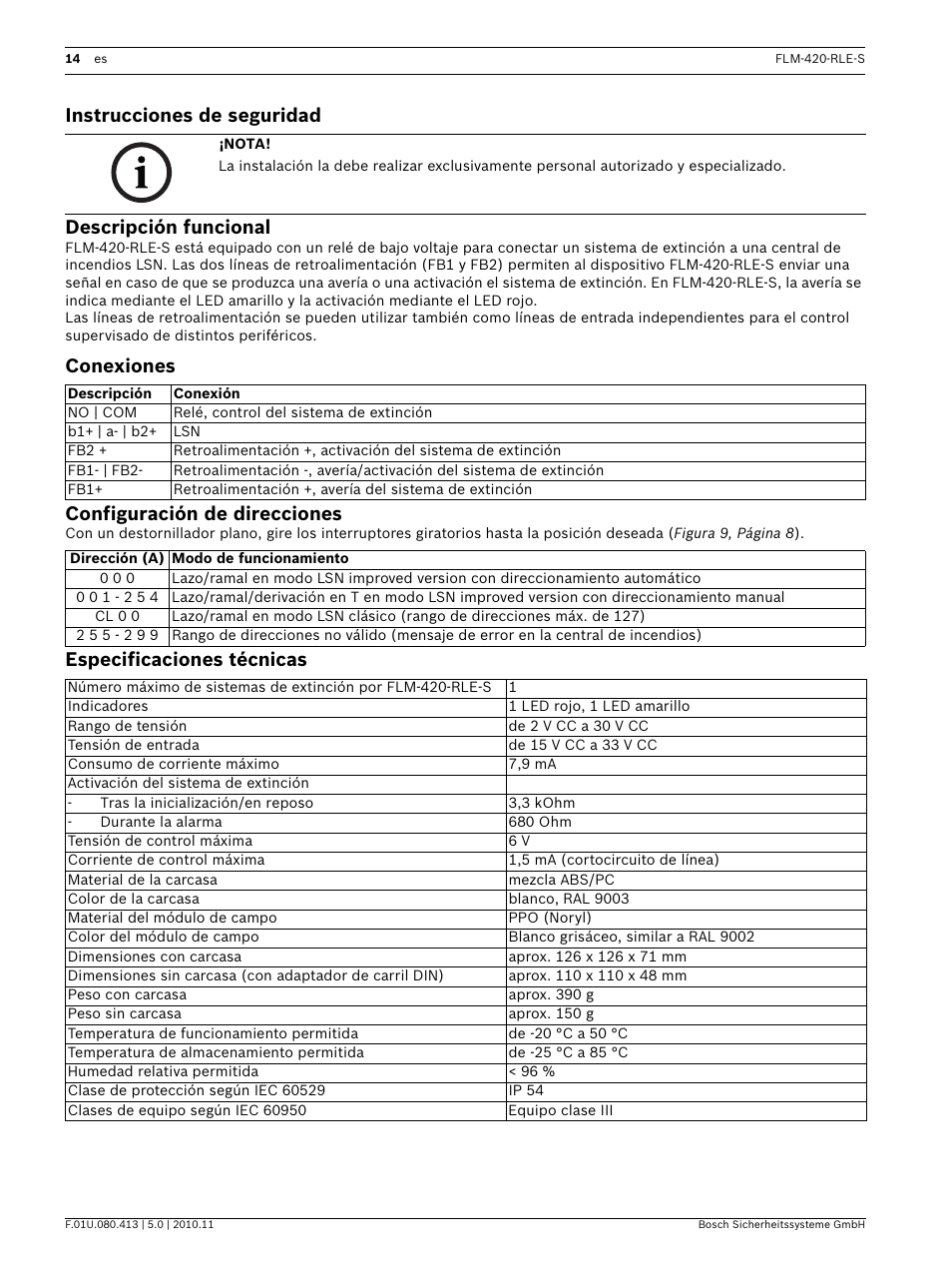 Instrucciones de seguridad, Descripción funcional, Conexiones | Configuración de direcciones, Especificaciones técnicas, Instrucciones de seguridad descripción funcional, Conexiones configuración de direcciones | Bosch FLM-420-RLE-S Extinguishing Interface Module User Manual | Page 14 / 28