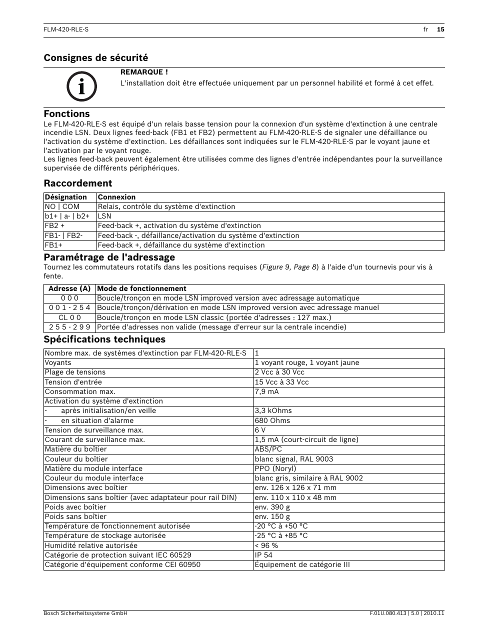 Consignes de sécurité, Fonctions, Raccordement | Paramétrage de l'adressage, Spécifications techniques, Consignes de sécurité fonctions, Raccordement paramétrage de l'adressage | Bosch FLM-420-RLE-S Extinguishing Interface Module User Manual | Page 15 / 28