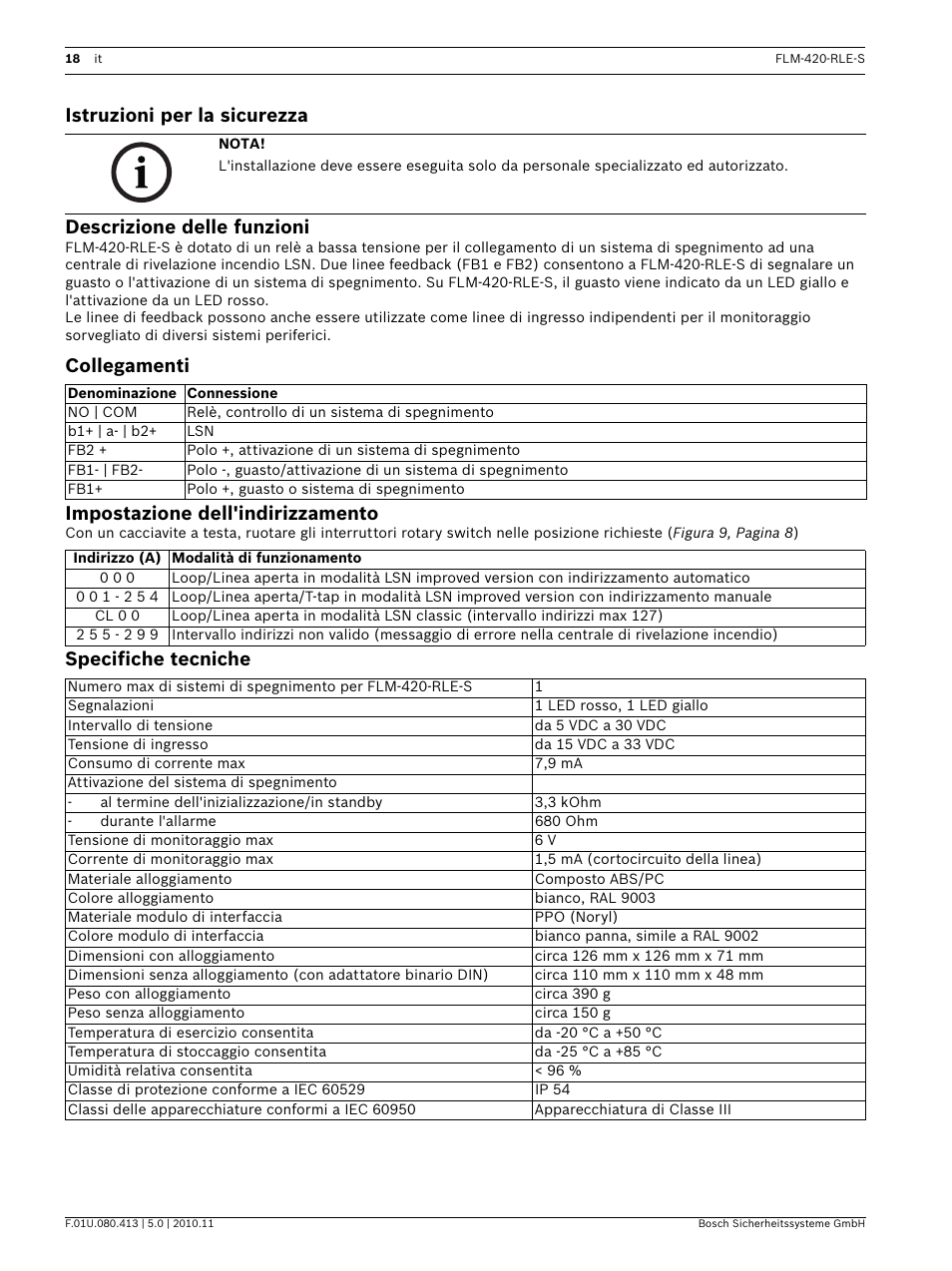 Istruzioni per la sicurezza, Descrizione delle funzioni, Collegamenti | Impostazione dell'indirizzamento, Specifiche tecniche, Collegamenti impostazione dell'indirizzamento | Bosch FLM-420-RLE-S Extinguishing Interface Module User Manual | Page 18 / 28