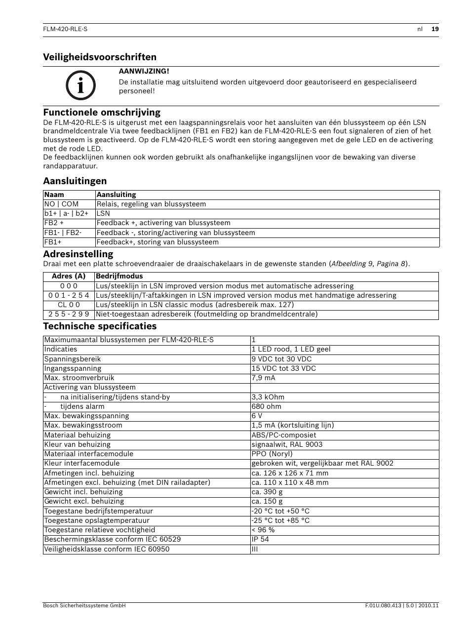 Veiligheidsvoorschriften, Functionele omschrijving, Aansluitingen | Adresinstelling, Technische specificaties, Veiligheidsvoorschriften functionele omschrijving, Aansluitingen adresinstelling | Bosch FLM-420-RLE-S Extinguishing Interface Module User Manual | Page 19 / 28