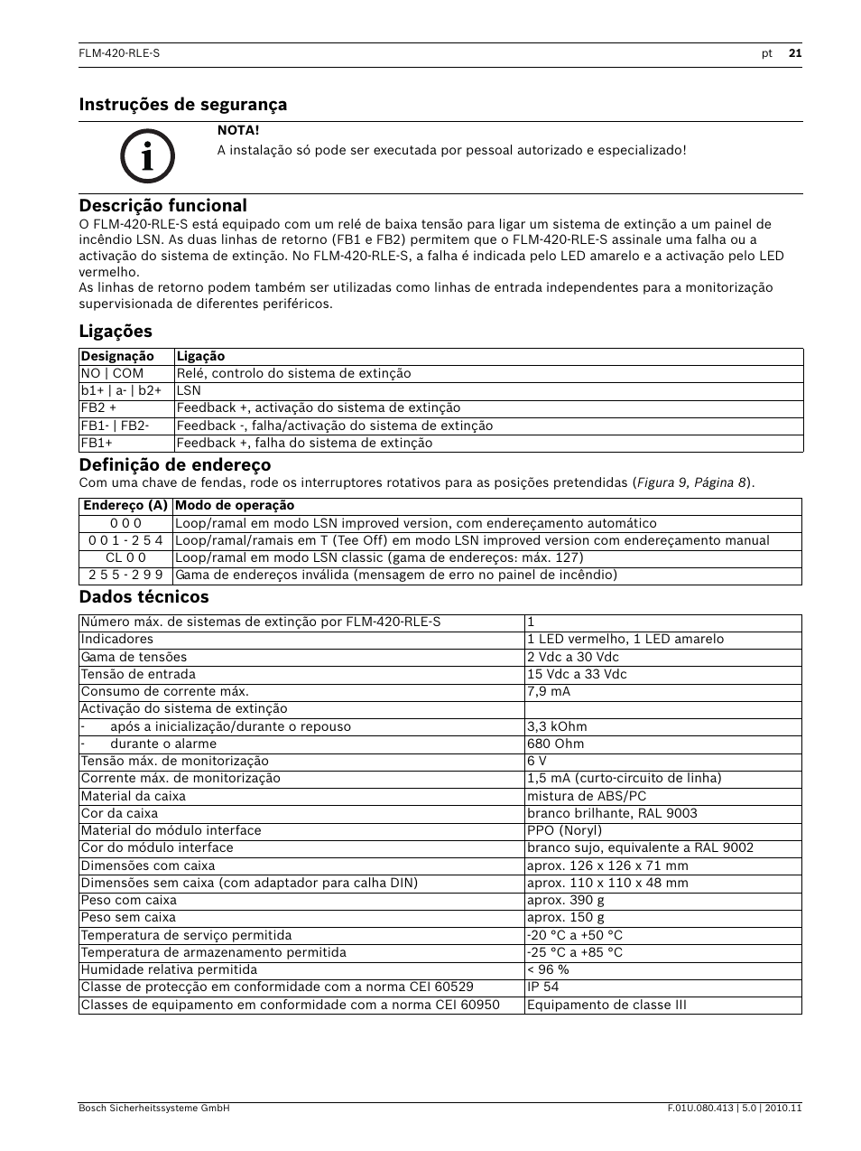 Instruções de segurança, Descrição funcional, Ligações | Definição de endereço, Dados técnicos, Instruções de segurança descrição funcional, Ligações definição de endereço | Bosch FLM-420-RLE-S Extinguishing Interface Module User Manual | Page 21 / 28