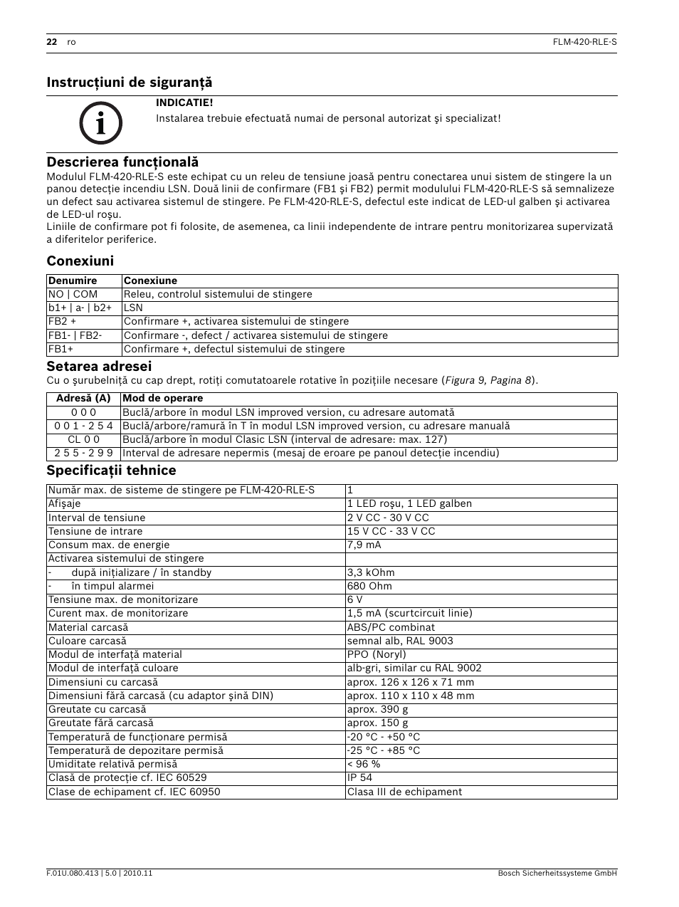 Instrucţiuni de siguranţă, Descrierea funcţională, Conexiuni | Setarea adresei, Specificaţii tehnice, Instrucţiuni de siguranţă descrierea funcţională, Conexiuni setarea adresei | Bosch FLM-420-RLE-S Extinguishing Interface Module User Manual | Page 22 / 28