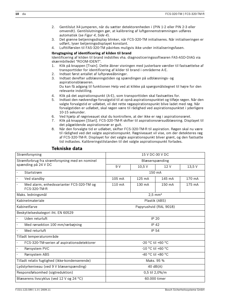 Ibrugtagning af identificering af kilden til brand, Tekniske data | Bosch FCS-320-TM Series Conventional Aspirating Smoke Detectors User Manual | Page 10 / 76