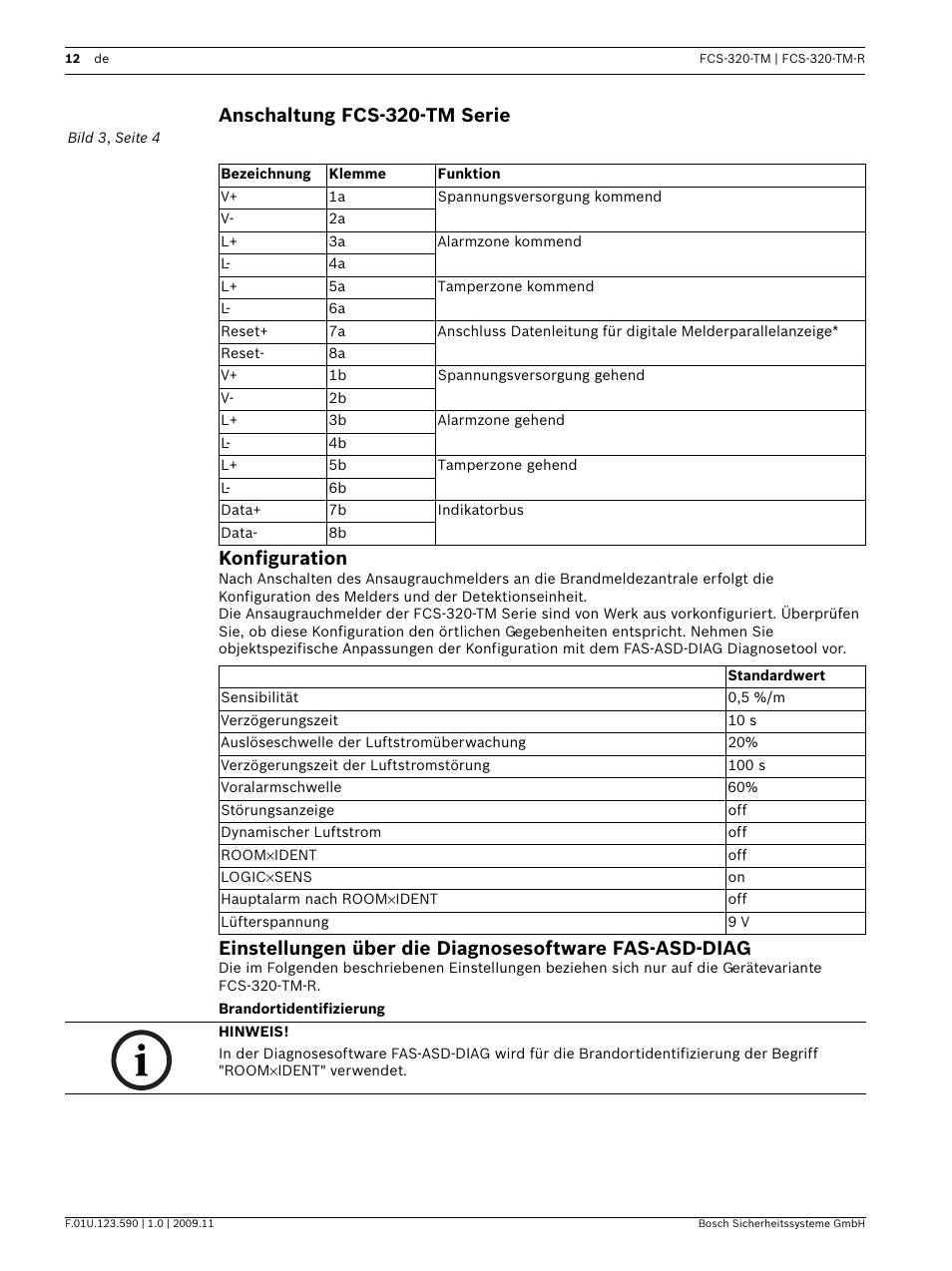 Anschaltung fcs-320-tm serie, Konfiguration, Brandortidentifizierung | Anschaltung fcs-320-tm serie konfiguration | Bosch FCS-320-TM Series Conventional Aspirating Smoke Detectors User Manual | Page 12 / 76