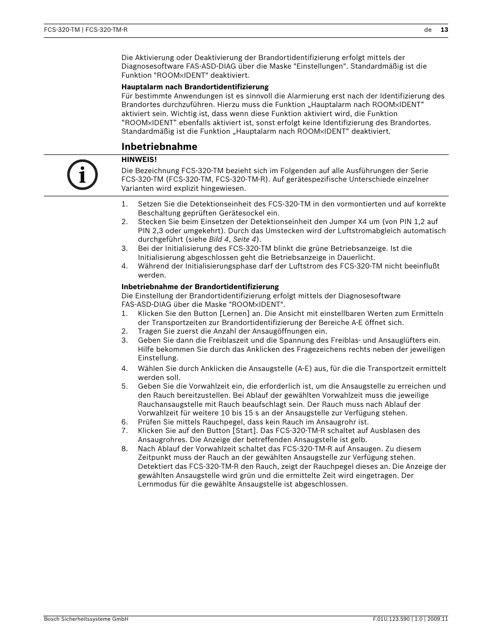 Hauptalarm nach brandortidentifizierung, Inbetriebnahme, Inbetriebnahme der brandortidentifizierung | Bosch FCS-320-TM Series Conventional Aspirating Smoke Detectors User Manual | Page 13 / 76