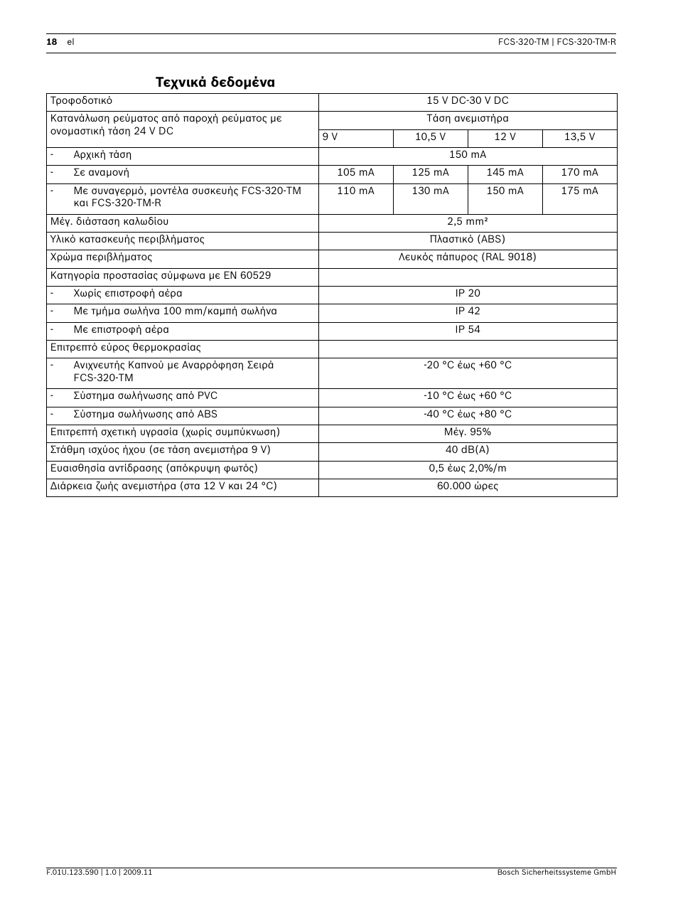 Τεχνικά δεδομένα | Bosch FCS-320-TM Series Conventional Aspirating Smoke Detectors User Manual | Page 18 / 76
