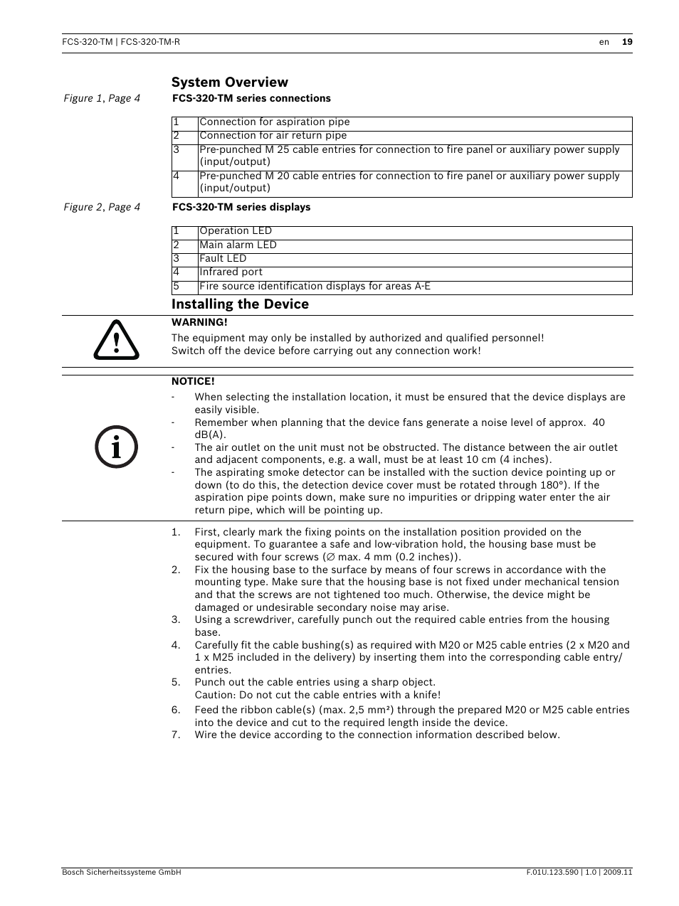 System overview, Installing the device, System overview installing the device | Bosch FCS-320-TM Series Conventional Aspirating Smoke Detectors User Manual | Page 19 / 76