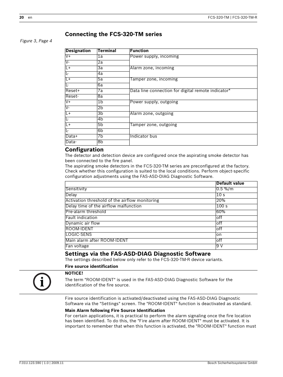 Connecting the fcs-320-tm series, Configuration, Settings via the fas-asd-diag diagnostic software | Fire source identification, Main alarm following fire source identification, Connecting the fcs-320-tm series configuration | Bosch FCS-320-TM Series Conventional Aspirating Smoke Detectors User Manual | Page 20 / 76