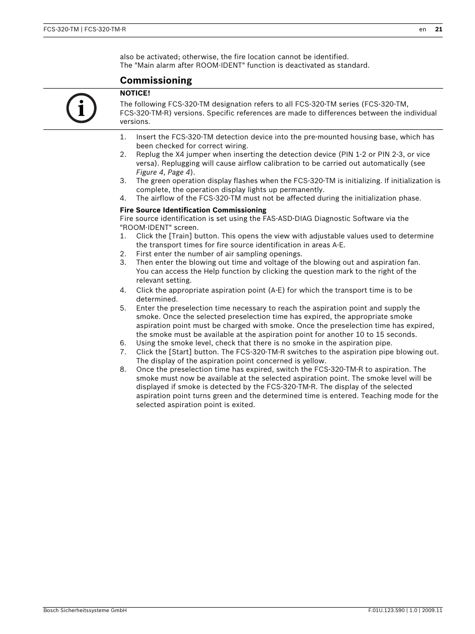 Commissioning, Fire source identification commissioning | Bosch FCS-320-TM Series Conventional Aspirating Smoke Detectors User Manual | Page 21 / 76