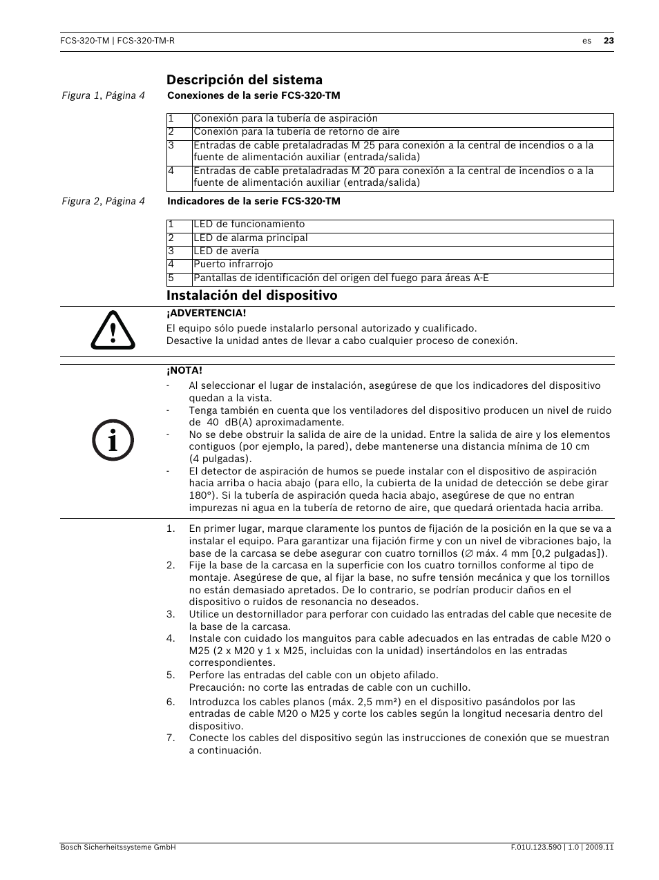Descripción del sistema, Instalación del dispositivo | Bosch FCS-320-TM Series Conventional Aspirating Smoke Detectors User Manual | Page 23 / 76