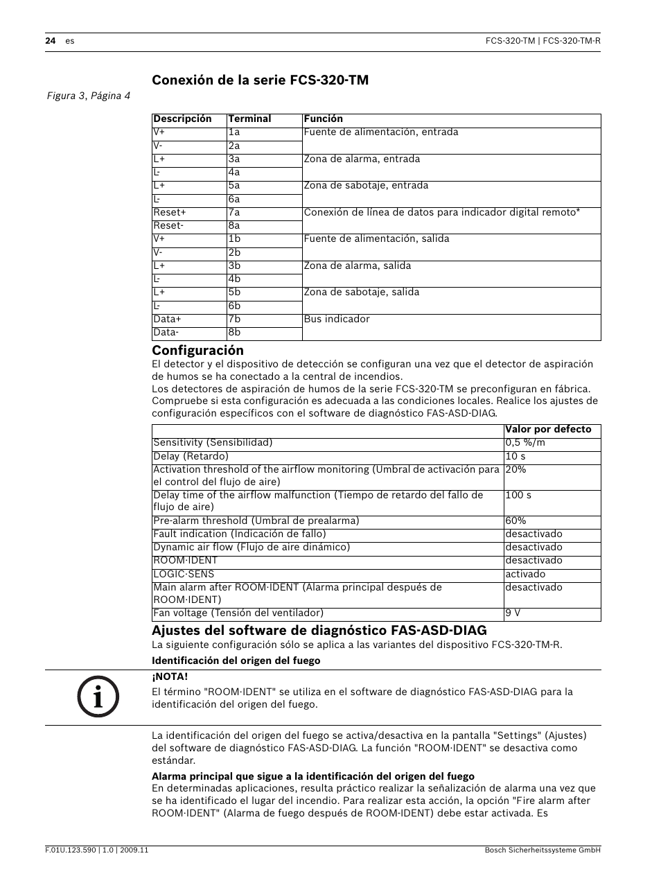 Conexión de la serie fcs-320-tm, Configuración, Ajustes del software de diagnóstico fas-asd-diag | Identificación del origen del fuego, Conexión de la serie fcs-320-tm configuración | Bosch FCS-320-TM Series Conventional Aspirating Smoke Detectors User Manual | Page 24 / 76