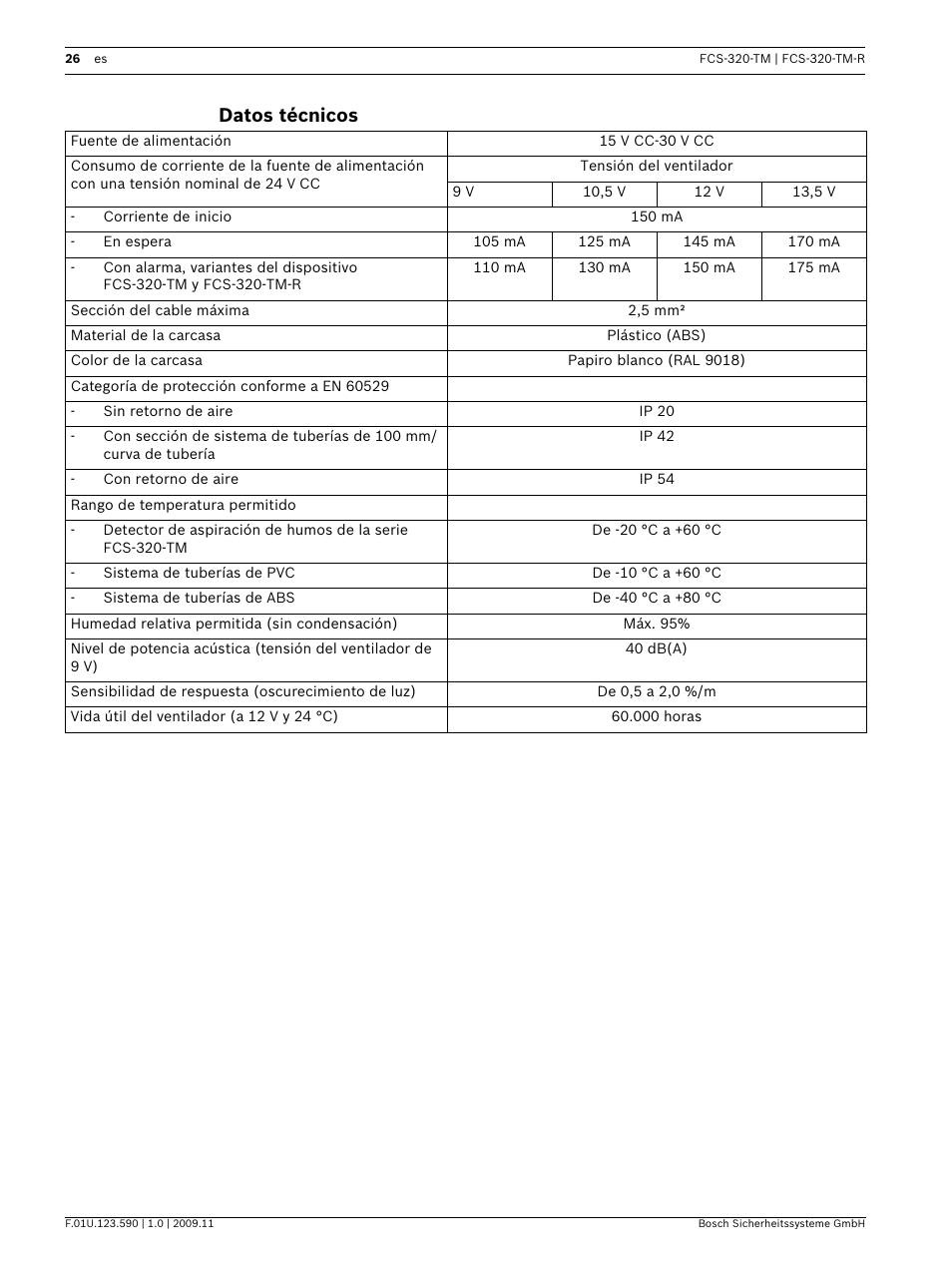 Datos técnicos | Bosch FCS-320-TM Series Conventional Aspirating Smoke Detectors User Manual | Page 26 / 76