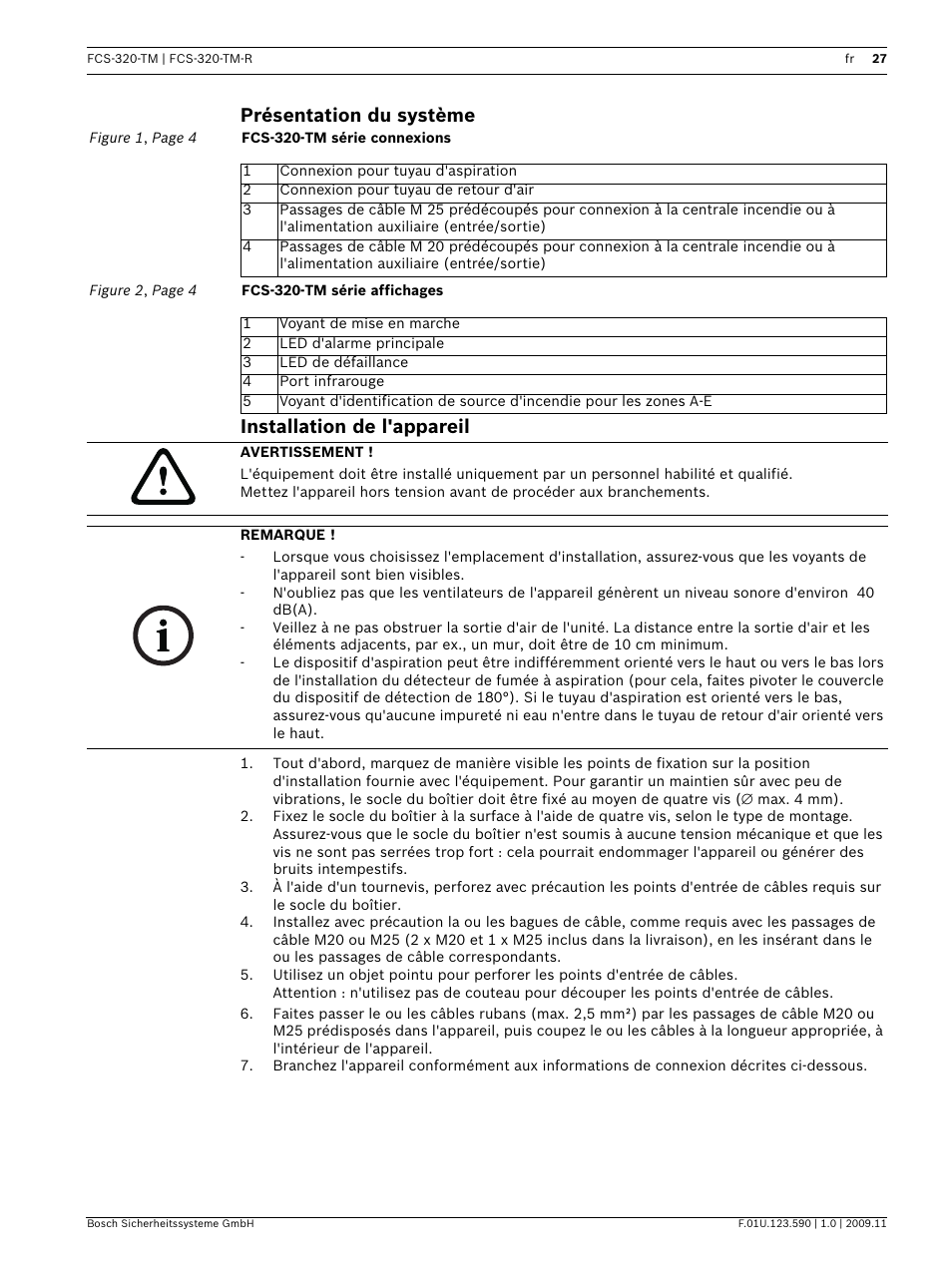 Présentation du système, Installation de l'appareil, Présentation du système installation de l'appareil | Bosch FCS-320-TM Series Conventional Aspirating Smoke Detectors User Manual | Page 27 / 76