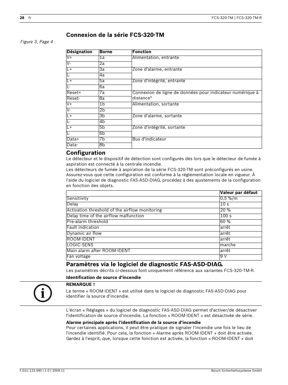 Connexion de la série fcs-320-tm, Configuration, Identification de source d'incendie | Connexion de la série fcs-320-tm configuration | Bosch FCS-320-TM Series Conventional Aspirating Smoke Detectors User Manual | Page 28 / 76