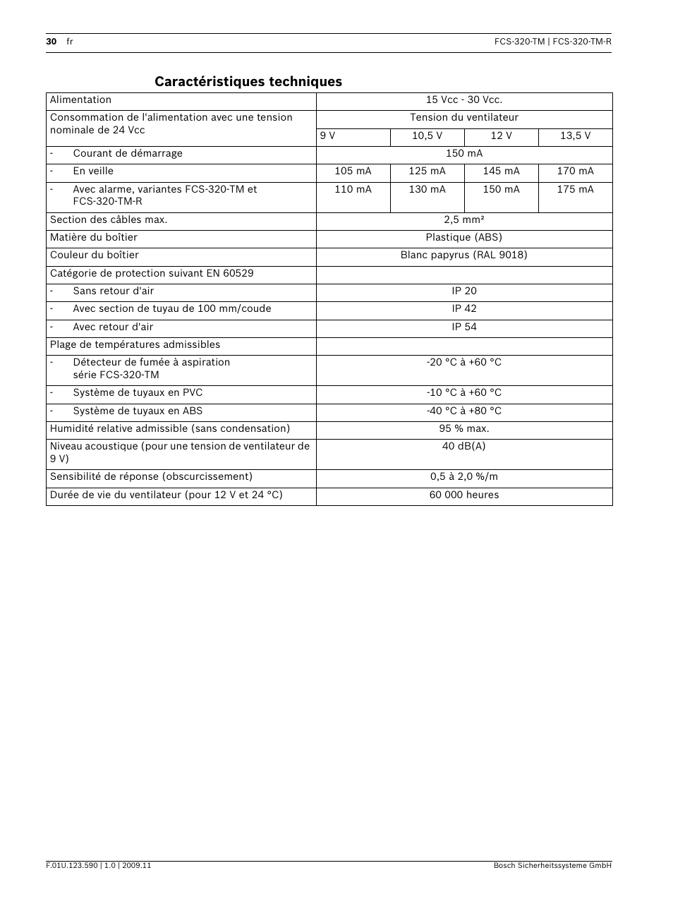 Caractéristiques techniques | Bosch FCS-320-TM Series Conventional Aspirating Smoke Detectors User Manual | Page 30 / 76