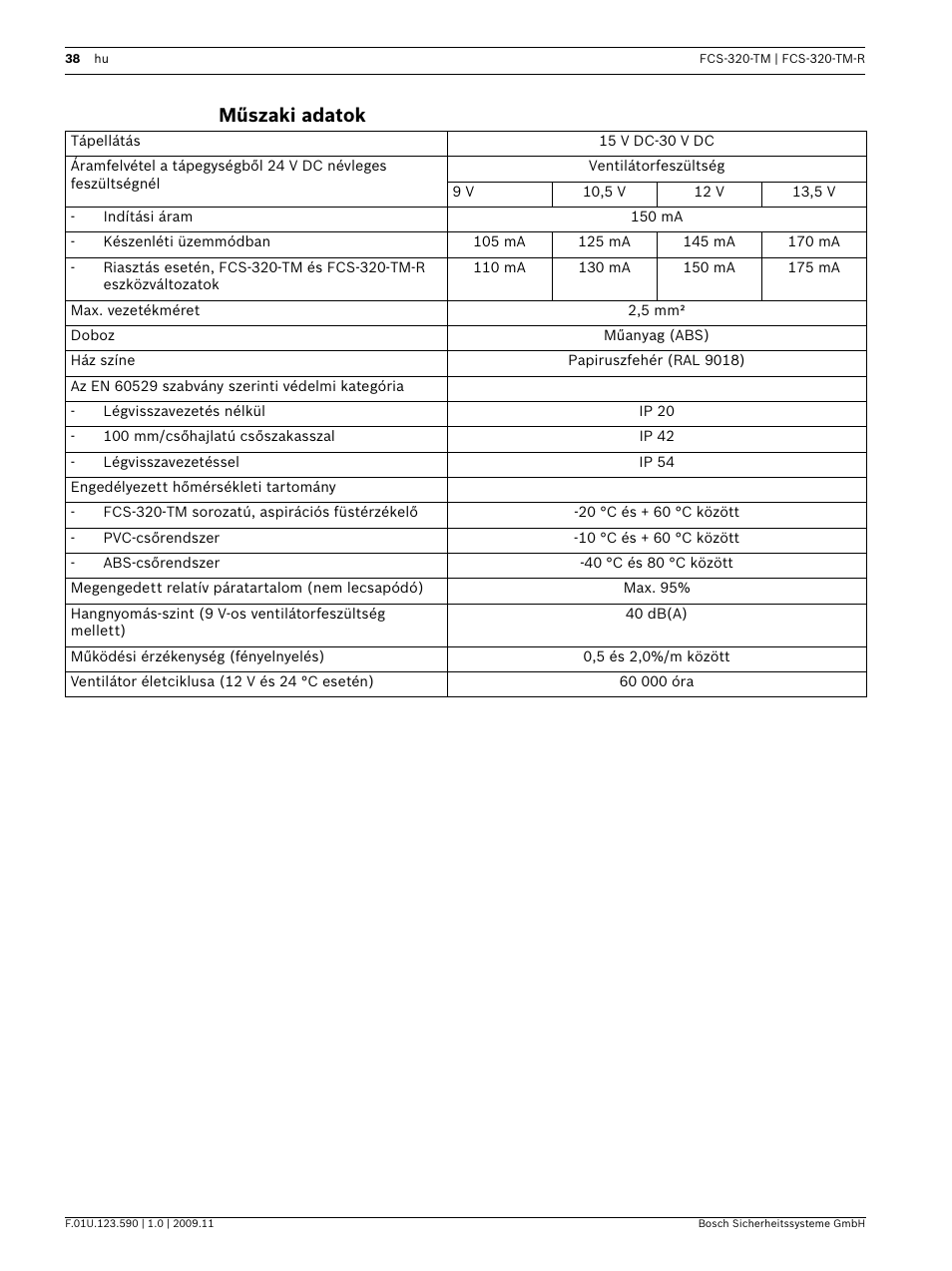 Műszaki adatok | Bosch FCS-320-TM Series Conventional Aspirating Smoke Detectors User Manual | Page 38 / 76