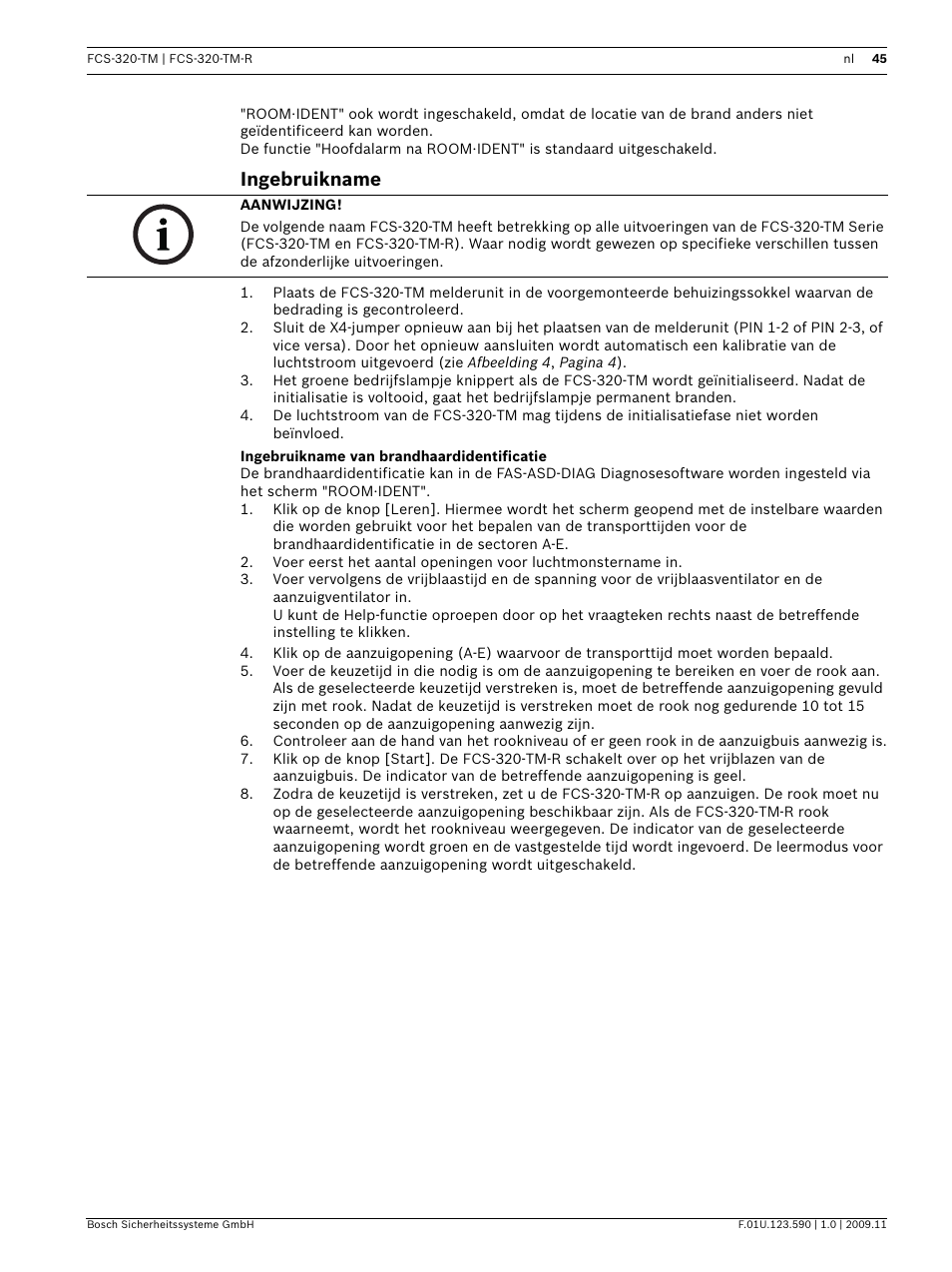 Ingebruikname, Ingebruikname van brandhaardidentificatie | Bosch FCS-320-TM Series Conventional Aspirating Smoke Detectors User Manual | Page 45 / 76