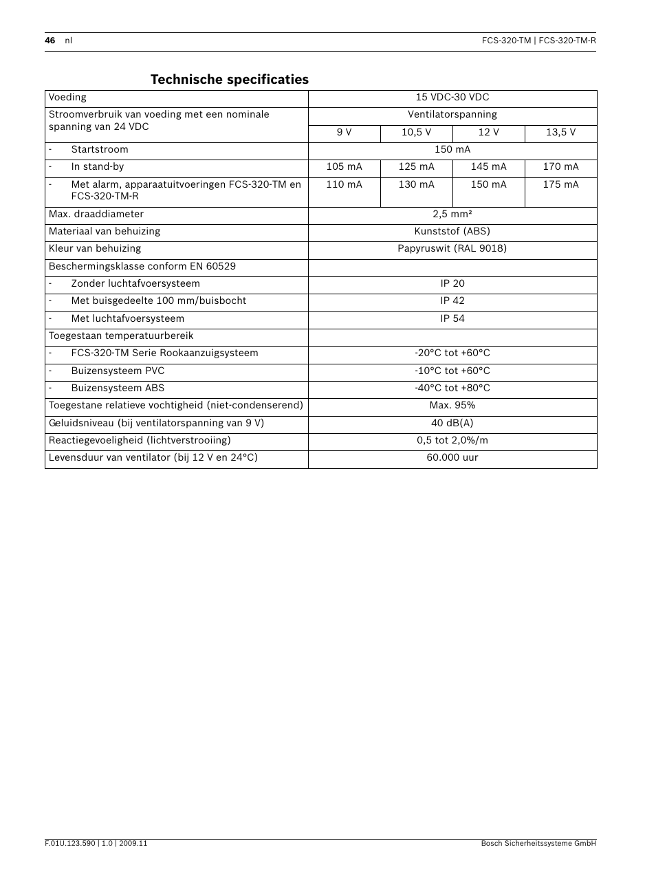 Technische specificaties | Bosch FCS-320-TM Series Conventional Aspirating Smoke Detectors User Manual | Page 46 / 76