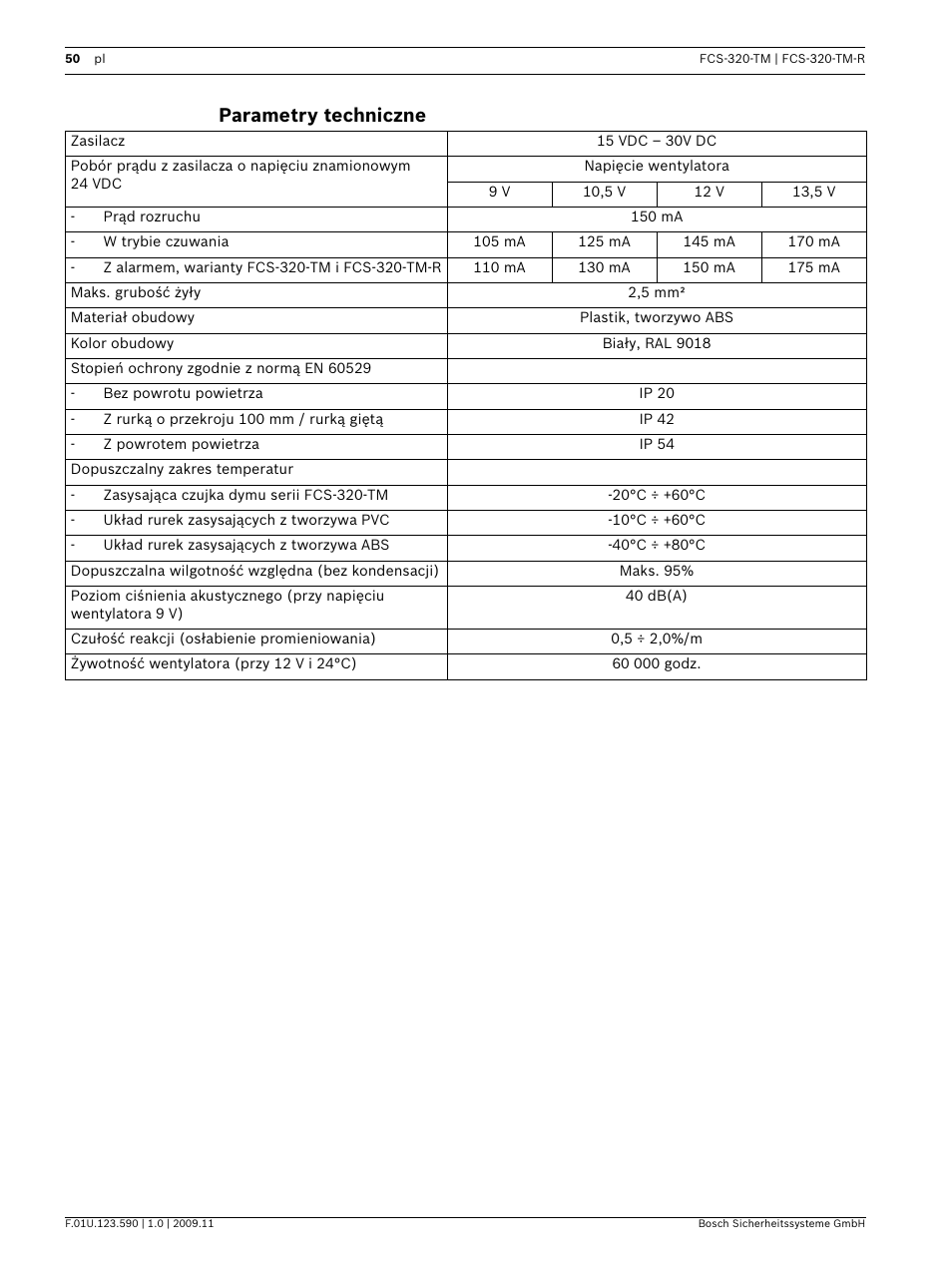 Parametry techniczne | Bosch FCS-320-TM Series Conventional Aspirating Smoke Detectors User Manual | Page 50 / 76