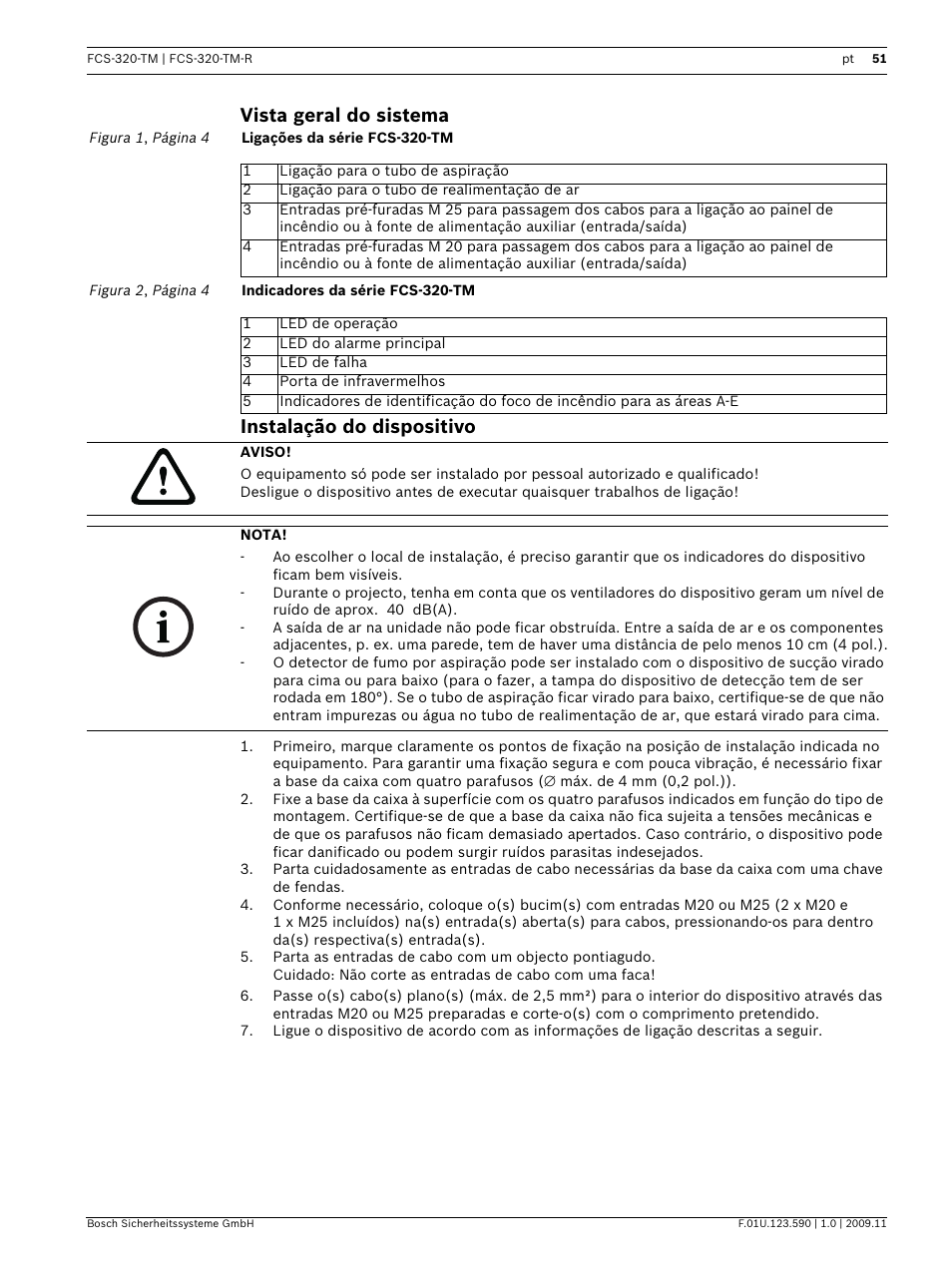Vista geral do sistema, Instalação do dispositivo, Vista geral do sistema instalação do dispositivo | Bosch FCS-320-TM Series Conventional Aspirating Smoke Detectors User Manual | Page 51 / 76