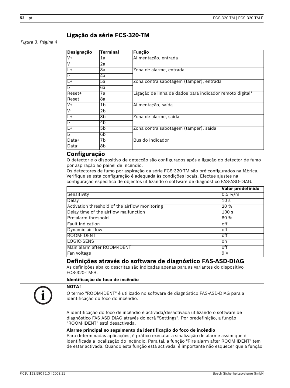 Ligação da série fcs-320-tm, Configuração, Identificação do foco de incêndio | Ligação da série fcs-320-tm configuração | Bosch FCS-320-TM Series Conventional Aspirating Smoke Detectors User Manual | Page 52 / 76