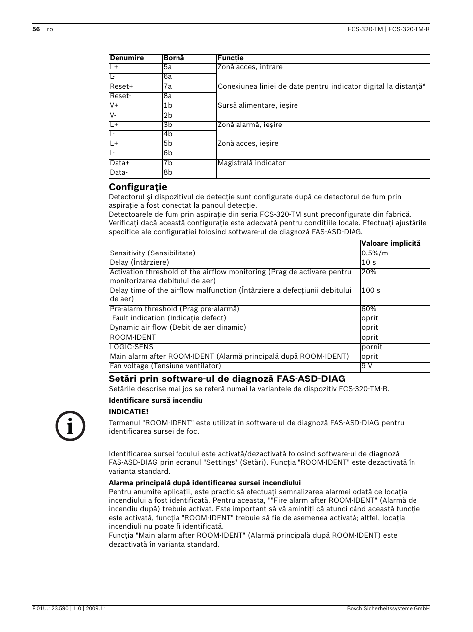 Configuraţie, Setări prin software-ul de diagnoză fas-asd-diag, Identificare sursă incendiu | Bosch FCS-320-TM Series Conventional Aspirating Smoke Detectors User Manual | Page 56 / 76