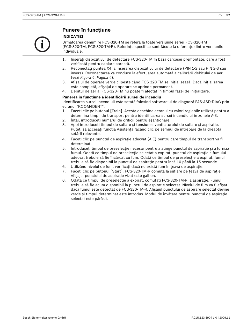 Punere în funcţiune | Bosch FCS-320-TM Series Conventional Aspirating Smoke Detectors User Manual | Page 57 / 76