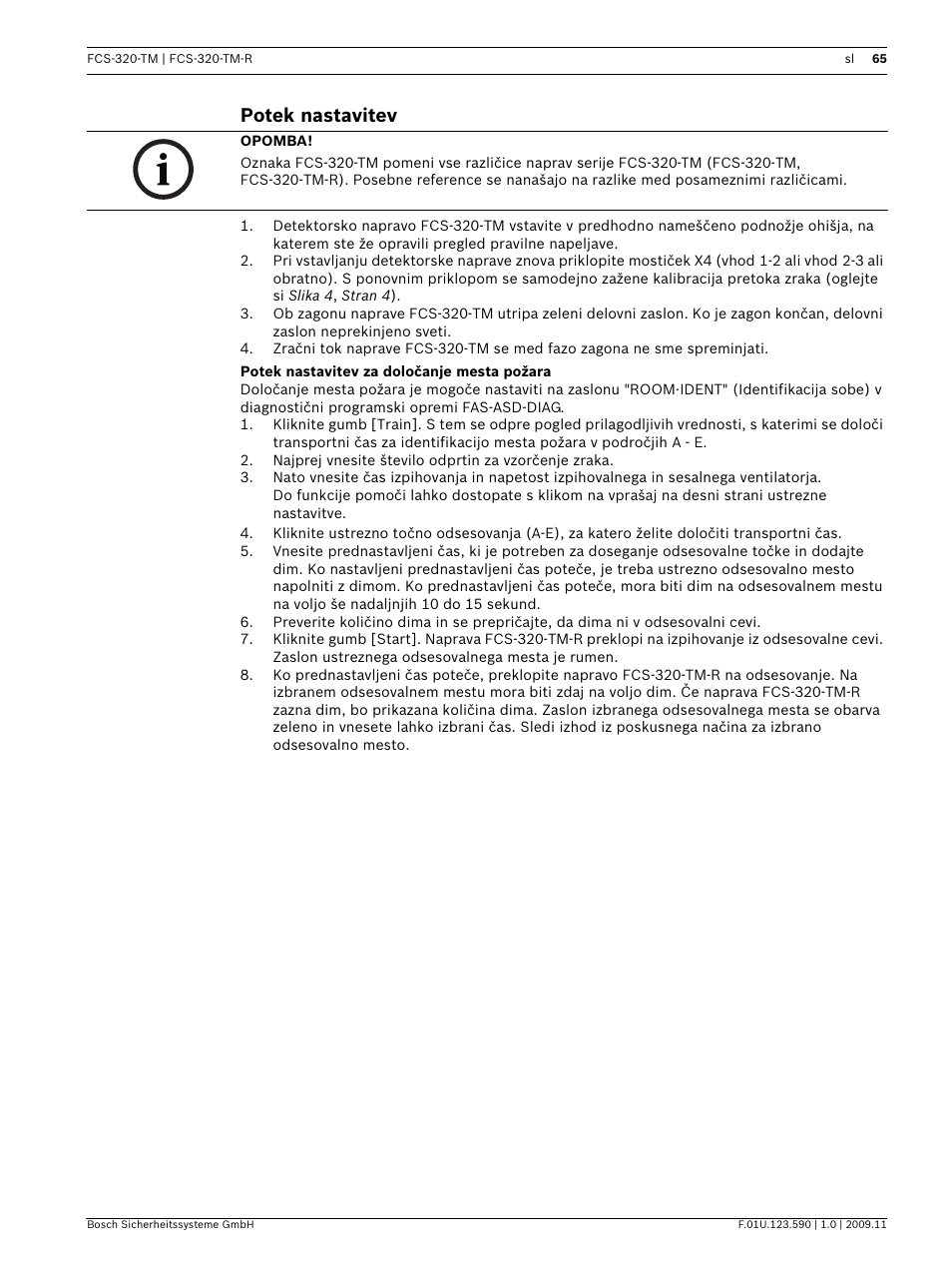 Potek nastavitev, Potek nastavitev za določanje mesta požara | Bosch FCS-320-TM Series Conventional Aspirating Smoke Detectors User Manual | Page 65 / 76