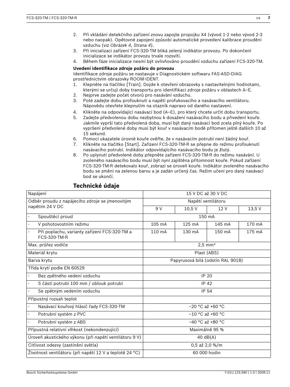 Uvedení identifikace zdroje požáru do provozu, Technické údaje | Bosch FCS-320-TM Series Conventional Aspirating Smoke Detectors User Manual | Page 7 / 76