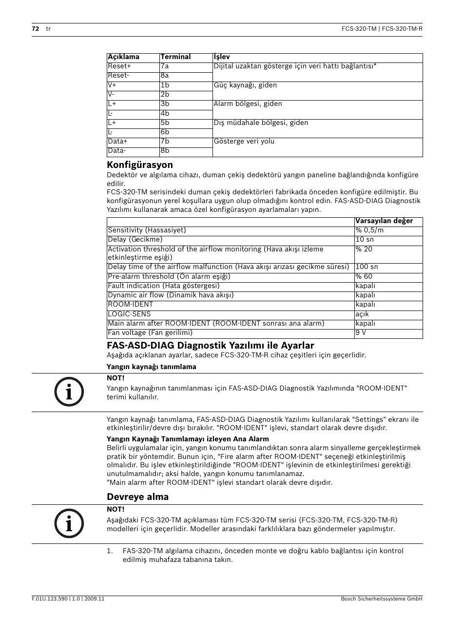 Konfigürasyon, Fas-asd-diag diagnostik yazılımı ile ayarlar, Yangın kaynağı tanımlama | Yangın kaynağı tanımlamayı izleyen ana alarm, Devreye alma | Bosch FCS-320-TM Series Conventional Aspirating Smoke Detectors User Manual | Page 72 / 76