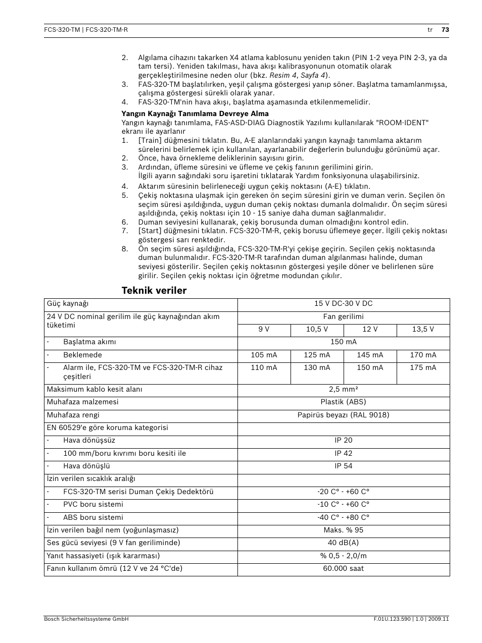 Yangın kaynağı tanımlama devreye alma, Teknik veriler | Bosch FCS-320-TM Series Conventional Aspirating Smoke Detectors User Manual | Page 73 / 76